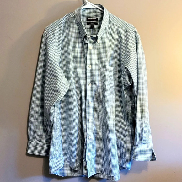 F26KIRKLAND SIGNATURE: MEN GREEN WHITE PURPLE BUTTON DOWN LONG SLEEVE SIZE LARGE - Picture 1 of 3